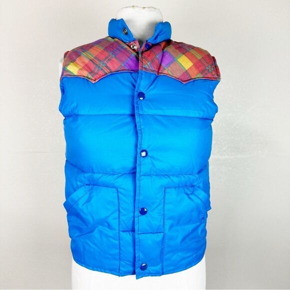 Vintage 70s Miller Puffer Vest Goose Down Plaid Check Retro Blue Snap NEW XS/S - Picture 1 of 8